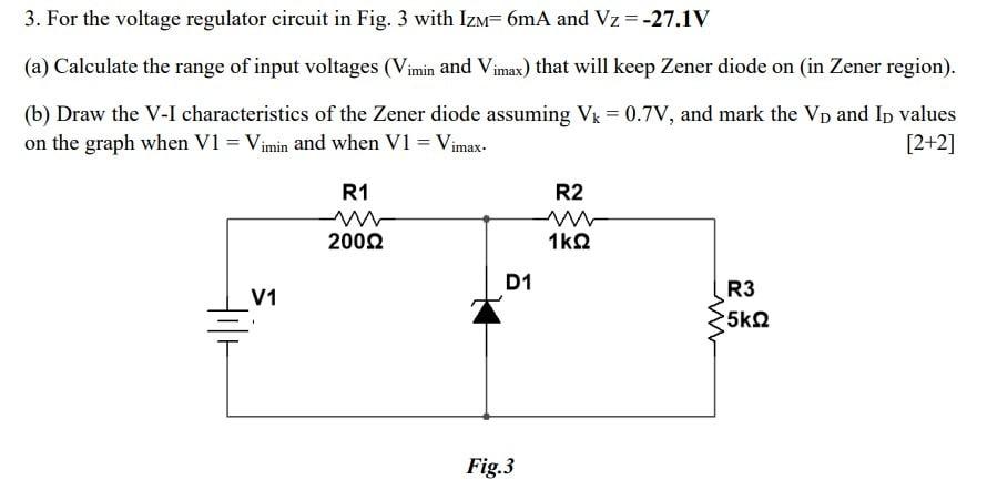 3. For the voltage regulator circuit in Fig. 3 with Izm=6mA and Vz=-27.1V (a) Calculate the range of input voltages (Vimin an