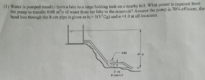 (1) Water is pumped steadily from a lake to a large holding tank on a nearby hill. What power is required from the the pump to transfer 0.08 m3/s of water from the lake to the reservoir? Assume the pump is 70% efficient head loss through the 8-cm pipe is given as hp5(V g) and α = 1.0 at all locations. punp 8 en dianeter