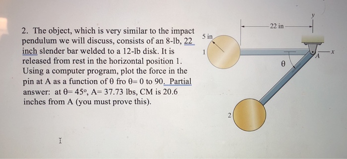 22 in 2. The object, which is very similar to the impact pendulum we will discuss, consists of an 8-lb, 22 inch slender bar welded to a 12-lb disk. It is released from rest in the horizontal position 1. Using a computer program, plot the force in the pin at A as a function of θ fro θ= 0 to 90, Partial answer: at θ= 450, A= 37.73 lbs, CM is 20.6 inches from A (you must prove this). 5 in