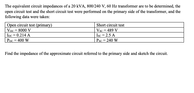 The equivalent circuit impedances of a 20 kVA, 800/240 V, 60 Hz transformer are to be determined, the open circuit test and t