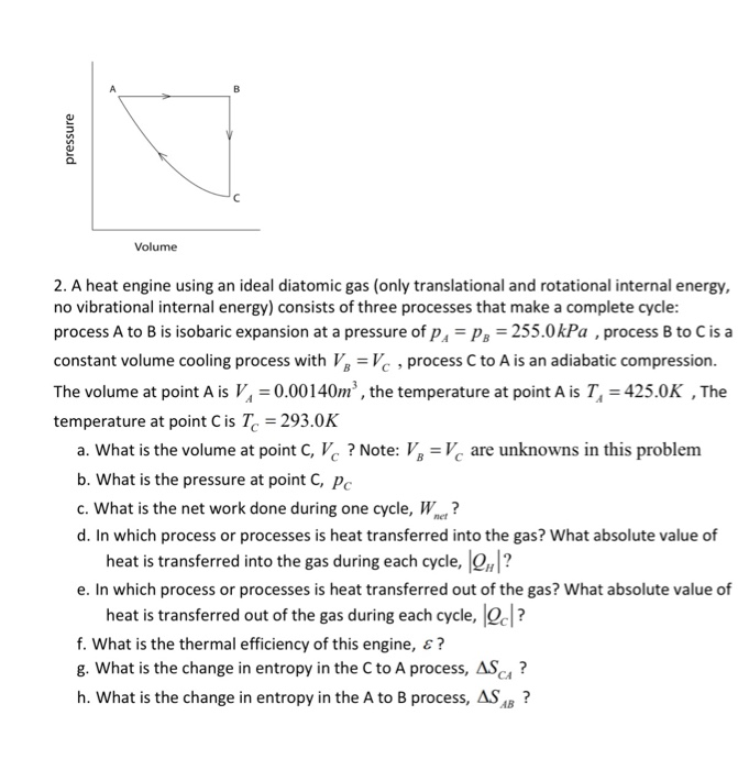 pressure Volume 2. A heat engine using an ideal diatomic gas (only translational and rotational internal energy, no vibration