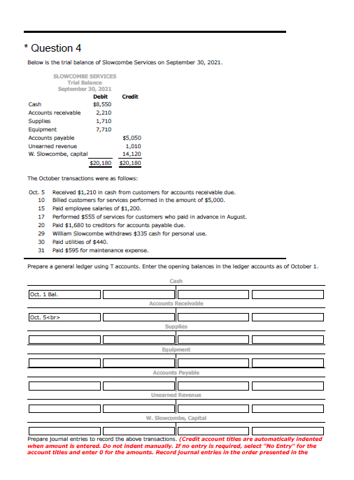 * Question 4 Below is the trial balance of Slowcombe Services on September 30, 2021. SLOWCOMBE SERVICES Trial Balance Septemb